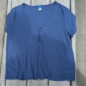 Old Navy Women’s Blue V-Neck Short Sleeve Linen Top, Buttons, Flowy, Size Medium